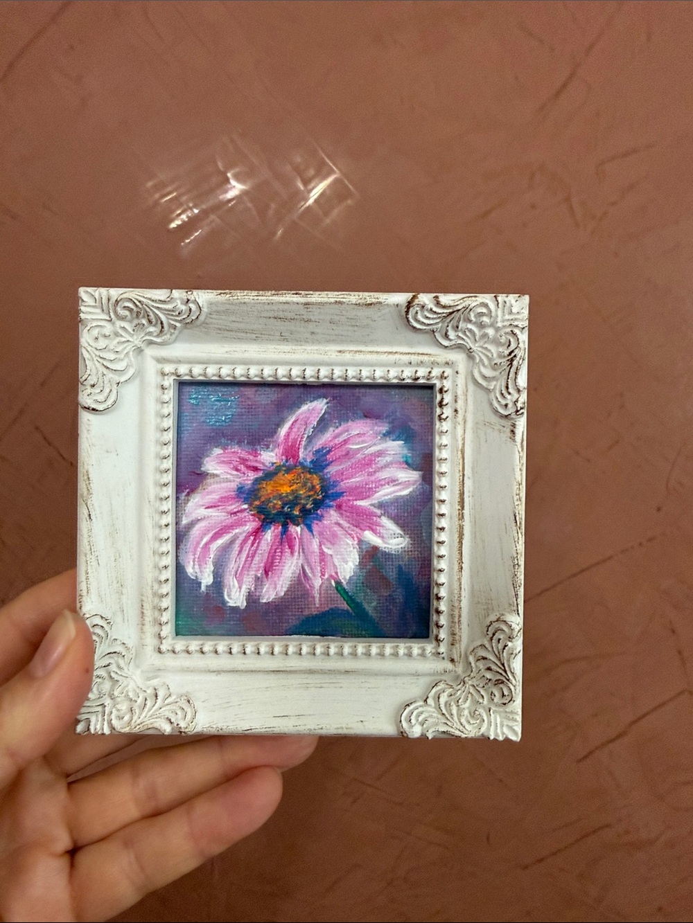 White Distressed Frame with Pink Floral Mini Canvas 3”x 3”canvas